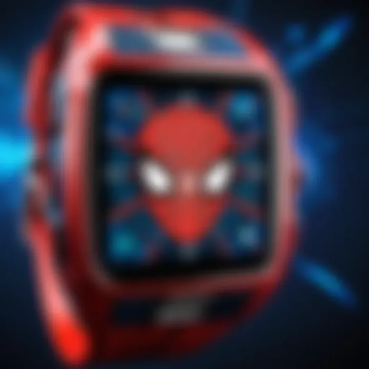 Close-up of a Spider-Man-themed smart watch showcasing its vibrant design and interface.