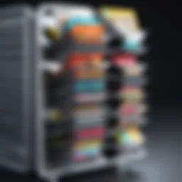 Innovative design of a spinning magazine rack showcasing its structure and materials.