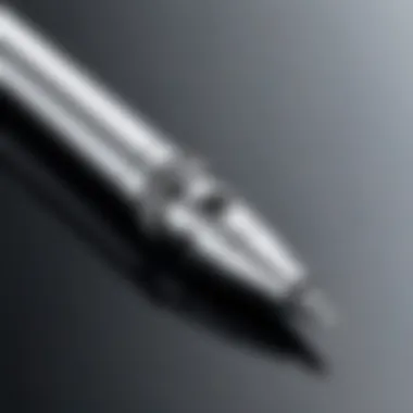 Close-up shot of a stylus highlighting its features and specifications