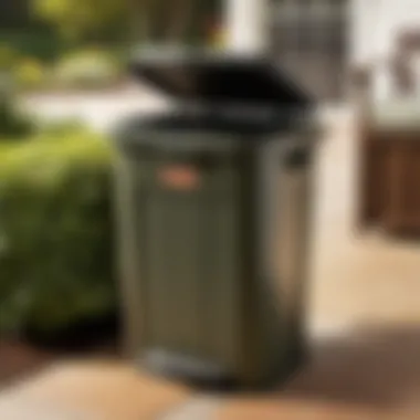 Suncast patio garbage can in a landscaped outdoor setting