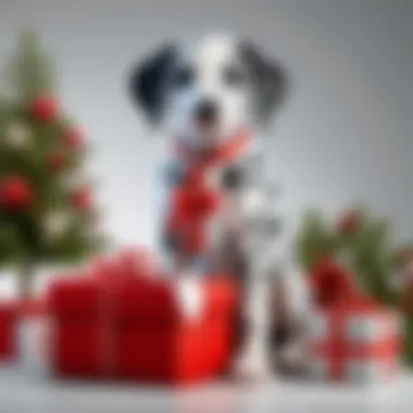 Elegant Gift Presentation of a Stuffed Dalmatian Puppy An elegant gift presentation featuring a stuffed Dalmatian puppy amongst decorative elements.