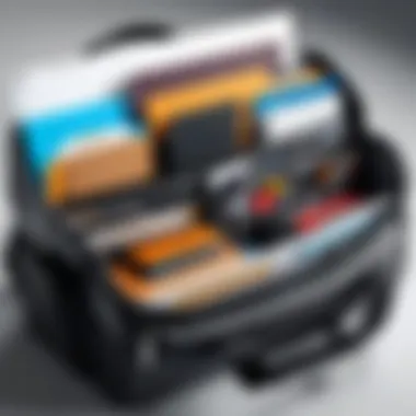 Close-up of an organized interior of a messenger bag