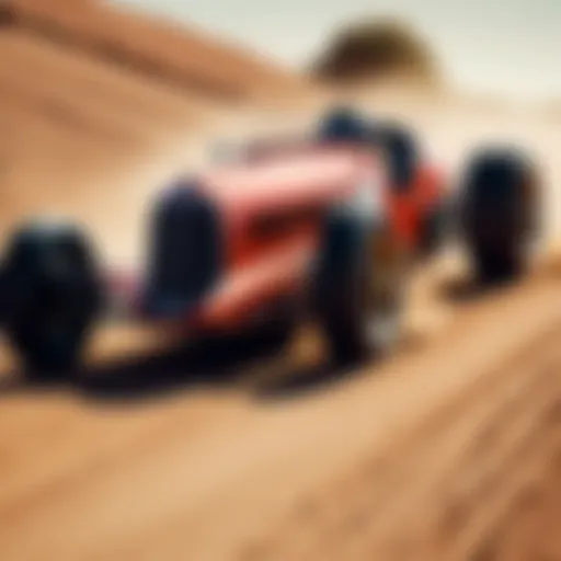 A vintage racing car speeding through a dirt track