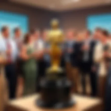 A scene from The Office depicting a Dundie Award ceremony with characters celebrating.