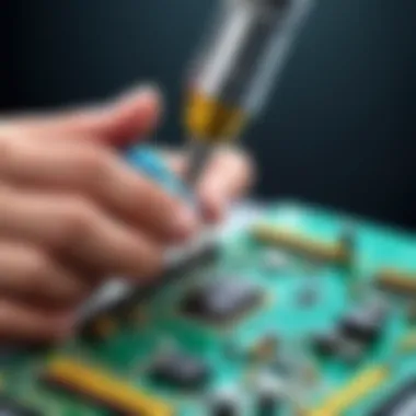 Technician using a power precision screwdriver on electronic components