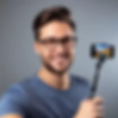 A professional content creator using a selfie stick for dynamic video capture.