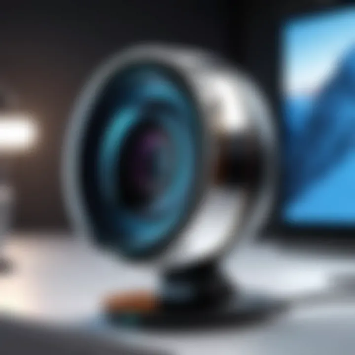 Close-up of a stylish webcam ring illuminating a computer screen