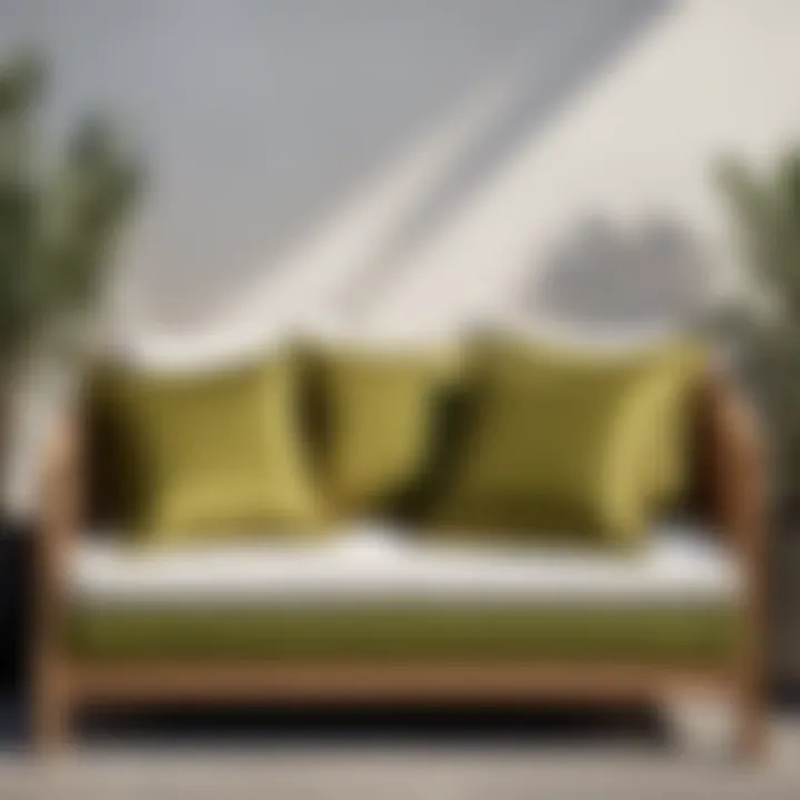 Elegant olive green outdoor pillows arranged on a patio furniture set