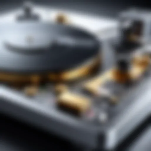 A detailed close-up of a high-end turntable showcasing its intricate components