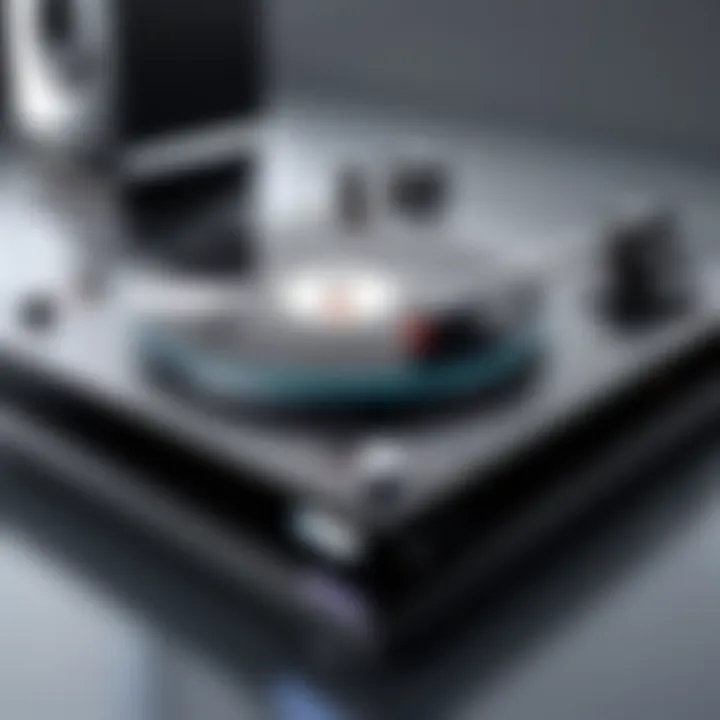 A modern HiFi system featuring a turntable, speakers, and digital interfaces