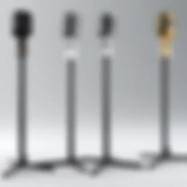 Different types of travel mic stands showcasing various designs and features.