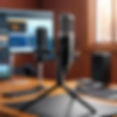 Utilizing Travel Mic Stands in Recording Scenarios An audio professional using a travel mic stand in a dynamic recording environment.