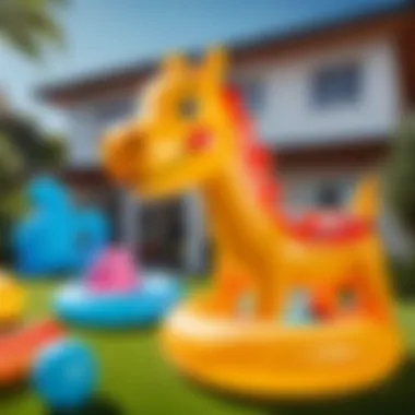 Diverse Collection of Outdoor Inflatable Toys Vibrant assortment of outdoor inflatable toys set up in a sunny backyard