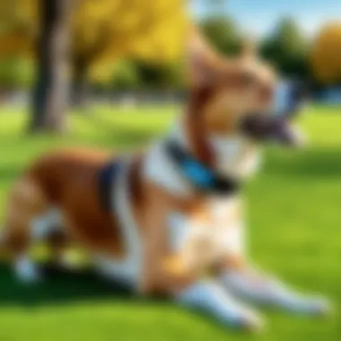 A dog wearing an app-controlled collar while playing in a park.