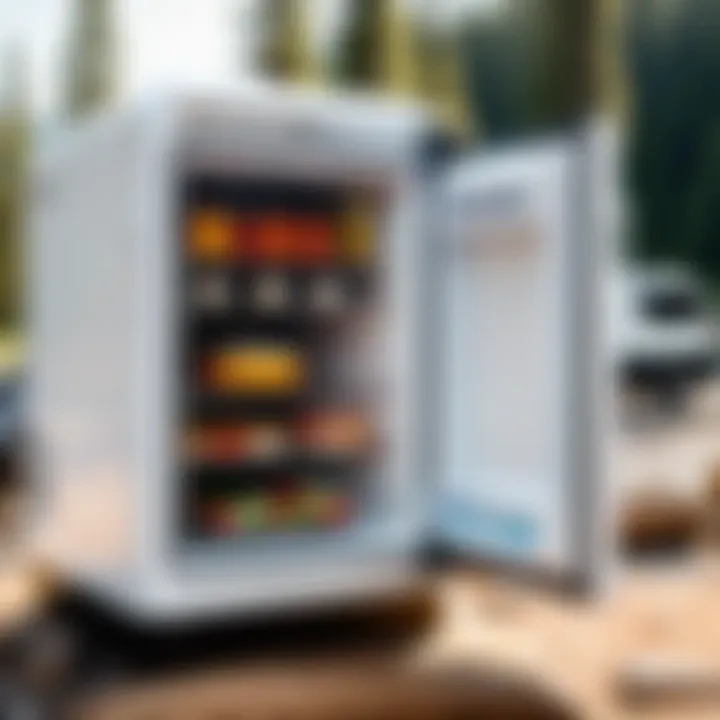 A propane refrigerator in a scenic campsite, demonstrating its compact design and functionality.