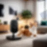 A sleek pet camera placed in a cozy living room setting.