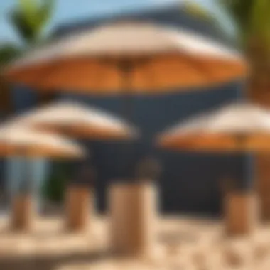 Different styles of sand weighted umbrella stands displayed in an outdoor setting.