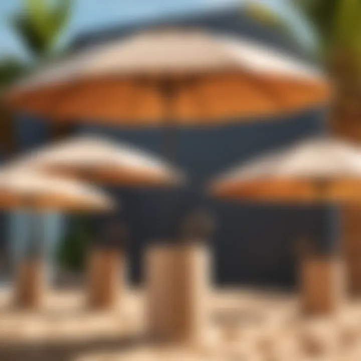 Different styles of sand weighted umbrella stands displayed in an outdoor setting.