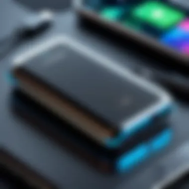 A user engaging with a power bank while on the go, emphasizing portability and convenience.