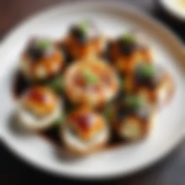 Plated Takoyaki with Garnishes A deliciously plated dish of finished takoyaki with garnishes.
