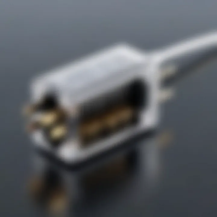 Close-up view of a telephone adaptor plug demonstrating its structure.