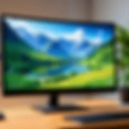 Close-up of a glare protector mounted on a monitor displaying a calming landscape.