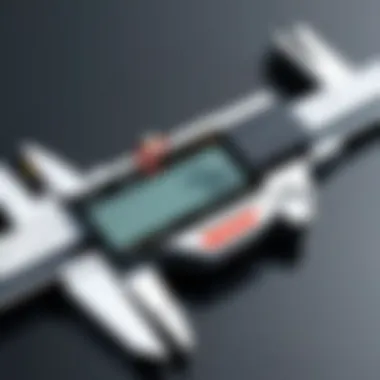 Close-up view of a long reach digital caliper measuring a small component