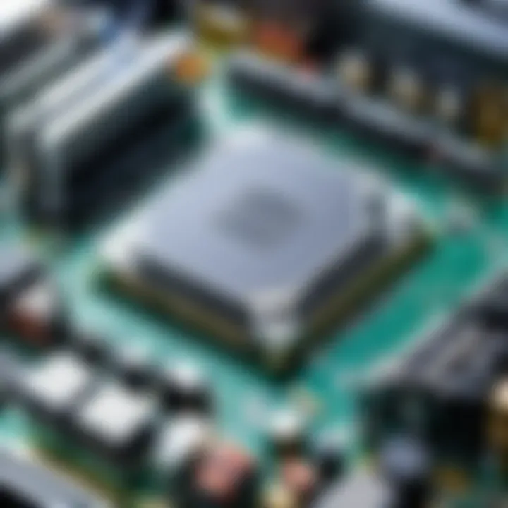 Close-up of a personal computer's internal components highlighting the motherboard and CPU