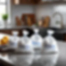 Baking soda bags on a kitchen counter with cleaning supplies