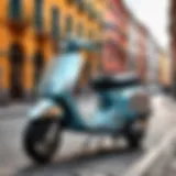 Vespa scooter covered with a protective cover in a cityscape.