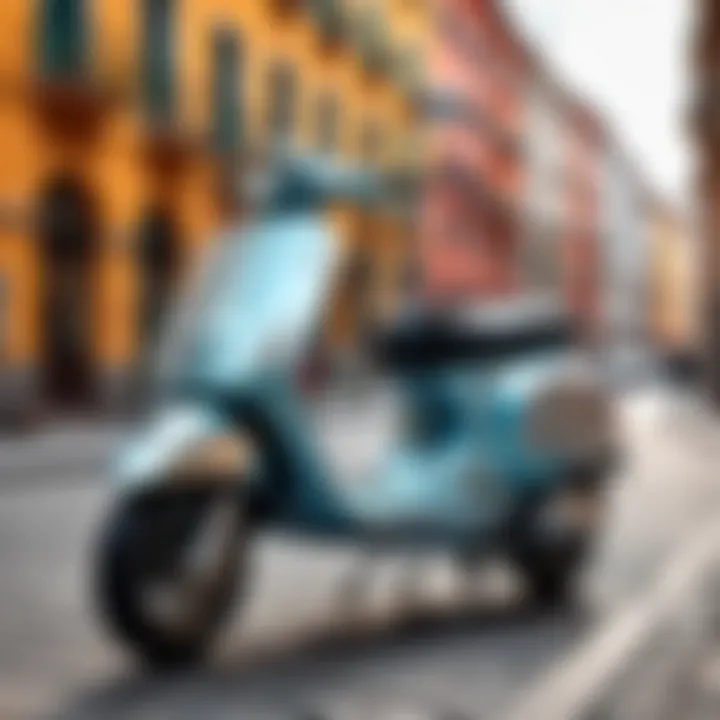Vespa scooter covered with a protective cover in a cityscape.